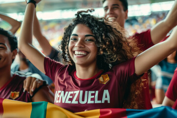 Venezuelan football soccer fans in a stadium supporting the national team, La Vinotinto
