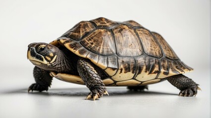 Fototapeta premium A detailed close up of a tortoise against a neutral background