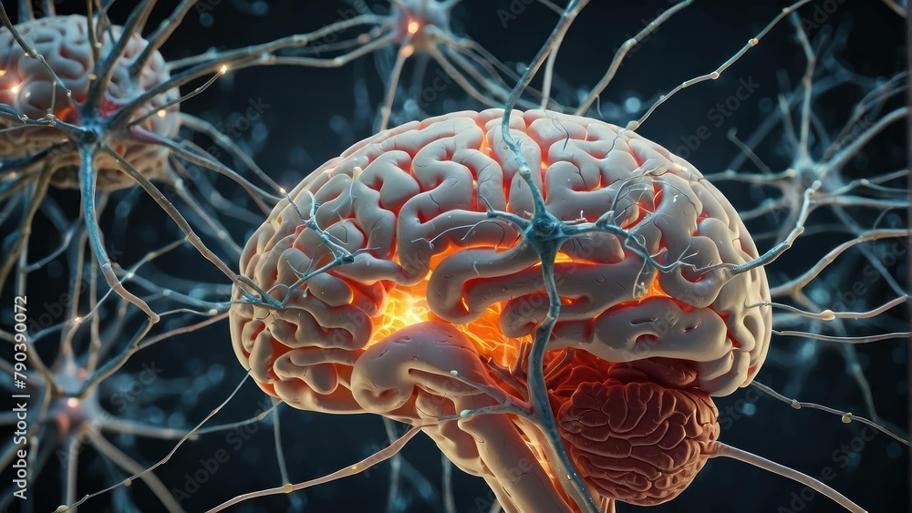 Poster 3d rendered brain with glowing neurons and synapses