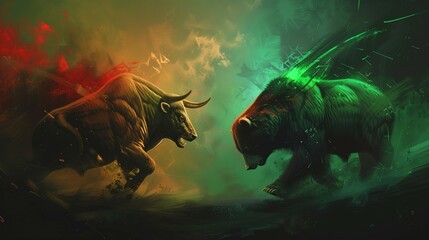 Bullish and bearish market illustration. Bull vs Bear. Digital art