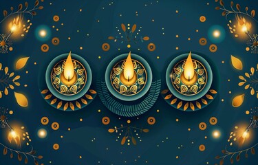 Candles green background. Indian ornament, Rangoli pattern. Indian festival of Diwali. The festival of Ugadi or Gudi Padwa. Hindu New Year. Ethnic concept. Religion. Illustration. 