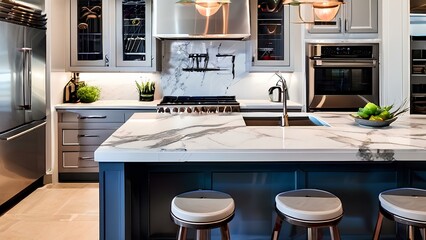 a stylish kitchen with marble countertops and stainless steel appliances showcasing trendy - Generative AI