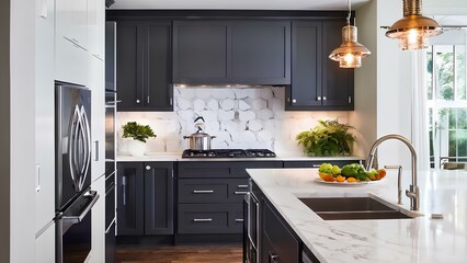 a stylish kitchen with marble countertops and stainless steel appliances showcasing trendy - Generative AI