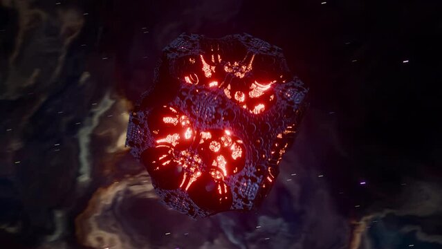 Alien fractal spacecraft flying through cosmic nebula, 3d seamless loop