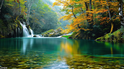 waterfall in a lake in the forest