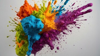 An explosion of colorful paint splashes on a white background