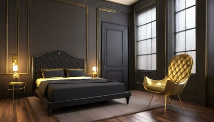 interior black door with gold bed and chairs by the window on a brown wooden floor and gray background - Powered by Adobe