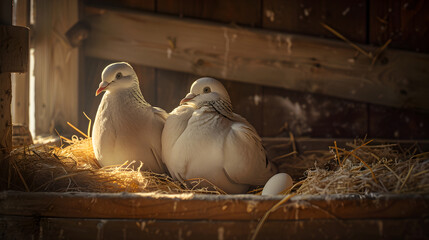 Elegant Picture of White Pigeons Engaged in Successful Breeding in a Rustic Dovecote - obrazy, fototapety, plakaty