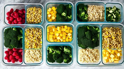 process of meal prepping for the week with neatly organized ingredients