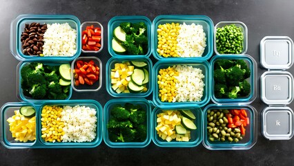 Process of meal prepping for the week with neatly organized ingredients