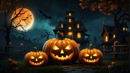 Spooky Halloween Night with Haunted House and Pumpkins