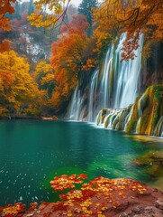 Autumnal waterfall surrounded by foliage - Vibrant orange and yellow leaves frame a majestic waterfall cascading into a serene lake in the autumn season