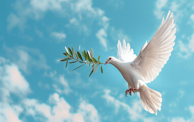 Obraz premium Experience serenity as a white dove gracefully carries an olive branch into a boundless blue sky - Pentecost or Peace theme