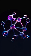 molecule model with neon details isolated on black bacground - obrazy, fototapety, plakaty