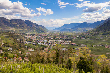 View over cityscape of Merano and the Adige Valley seen from Dorf Tirol, South tyrol, Italy - obrazy, fototapety, plakaty