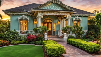 Fototapeta premium Luxurious bungalow exterior featuring vivid paint colors adorned with intricate architectural details
