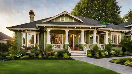 Obraz premium Luxurious bungalow exterior featuring vivid paint colors adorned with intricate architectural details