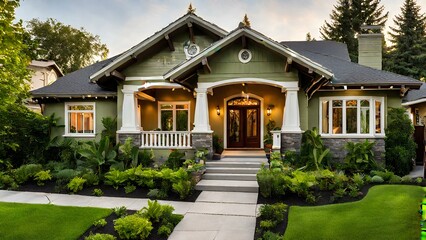 Luxurious bungalow exterior featuring vivid paint colors adorned with intricate architectural details