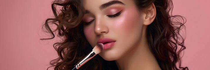 A beautiful woman with long brown curly hair, wearing soft pink eyeshadow and blush on her cheeks is applying powder to the cheekbones of one side of her face using a makeup brush - obrazy, fototapety, plakaty