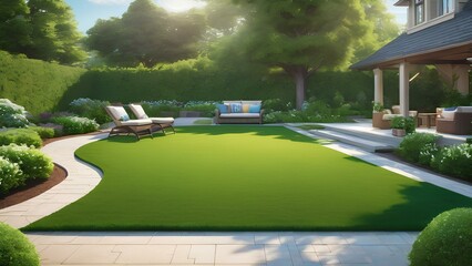 Manicured lawn glowing with vibrant greenery outdoor furniture meticulously arranged for relaxation