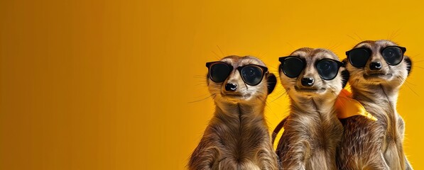 meerkats with sunglasses standing in front of a yellow background