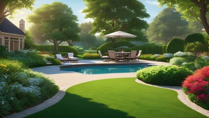 Fototapeta premium Manicured lawn glowing with vibrant greenery outdoor furniture meticulously arranged for relaxation