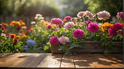 Morning light bathing zinnias in a wooden planter in a garden