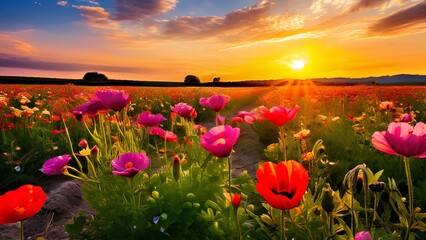 Field of blooming flowers in spring focusing on the vibrant colors and textures
