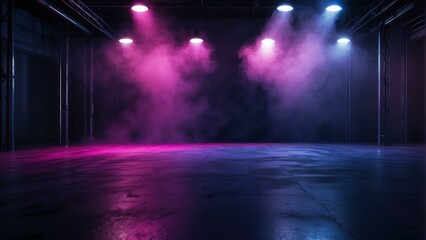 Stage with blue and pink lights casting smoke filled atmosphere