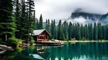 Fototapeta premium Photo of a serene lakeside cabin surrounded by towering pine trees