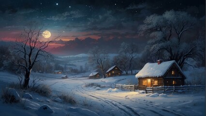 Snowy rural landscape at night with a warm lit house