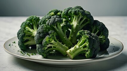 Fresh broccoli on white plate and table