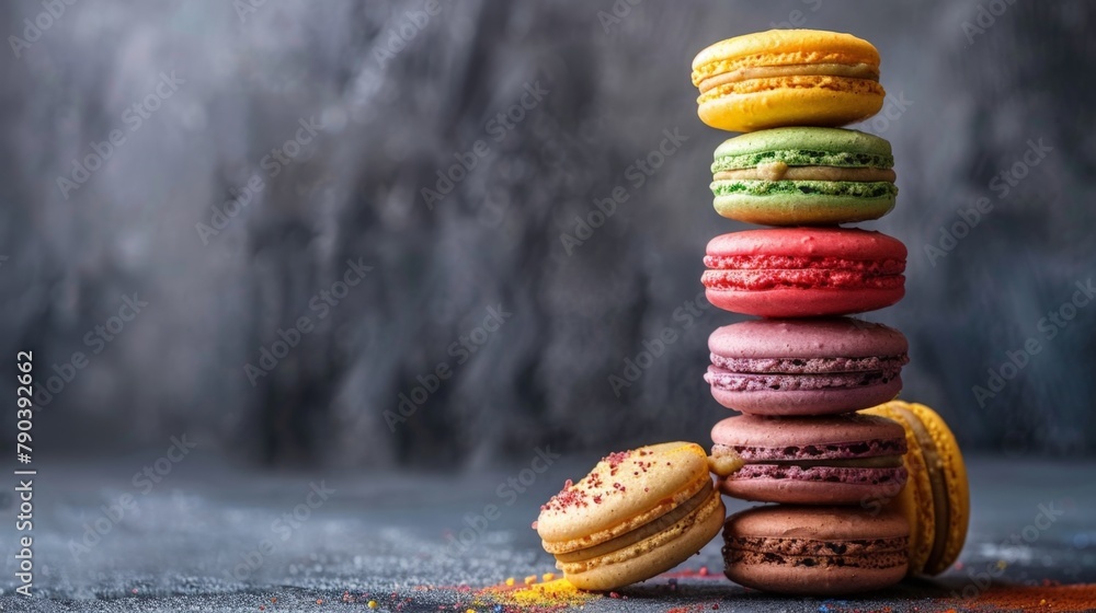 Poster close up of colorful macaron stack