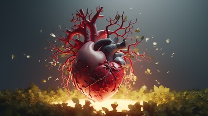 Human heart in the autumn forest. 3d render. Conceptual image