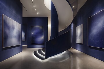 Sleek Indigo-Hued Modern Art Gallery on Spiral Staircase with Dynamic LED Lighting - This image...