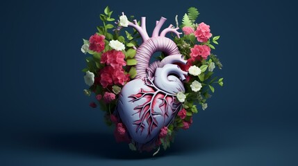 Human heart with flowers on blue background. 3d illustration, 3d render