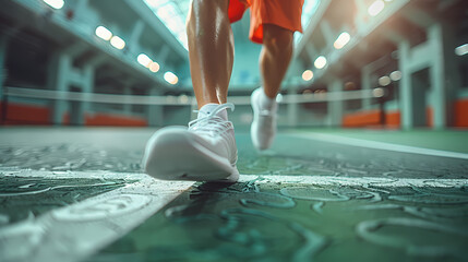  Close-up shot of a person in sneakers tying the shoelaces in a futuristic blue-lit tunnel setting