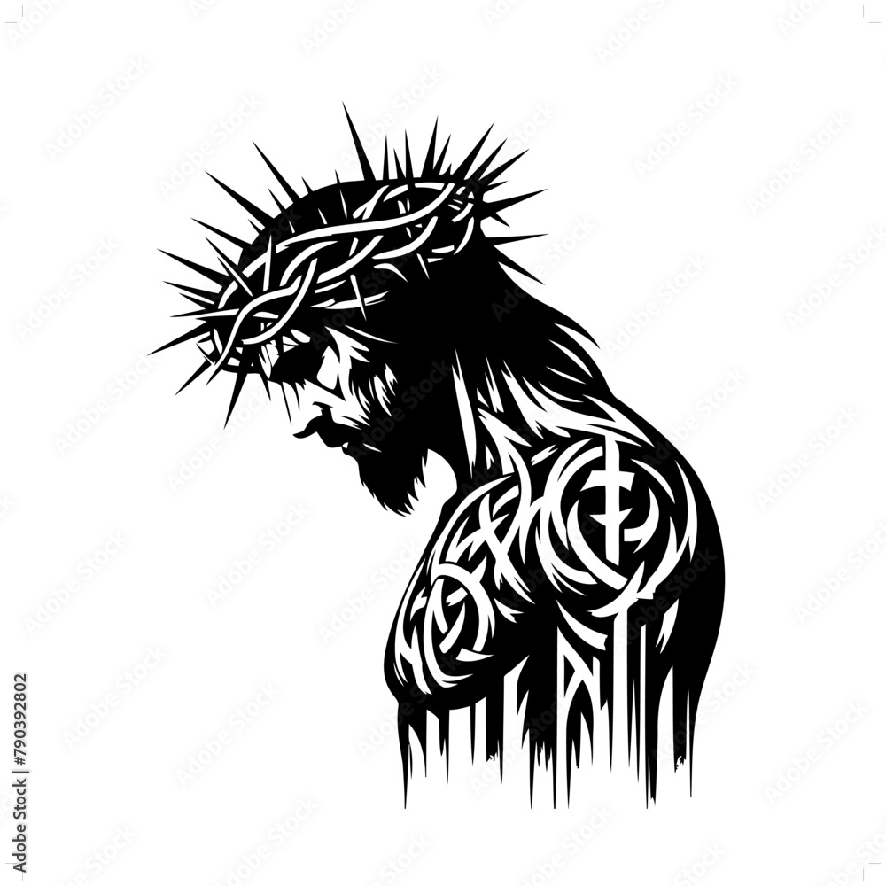 Wall mural jesus in modern tribal tattoo, abstract line art of people, minimalist contour. Vector