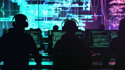 System Administrator Working in a Dark Research Facility on a Computer with Multiple Displays
