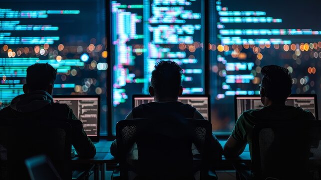 System Administrator Working in a Dark Research Facility on a Computer with Multiple Displays