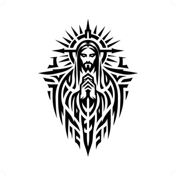 recommend clip art: jesus in modern tribal tattoo, abstract line art of people, minimalist contour. Vector