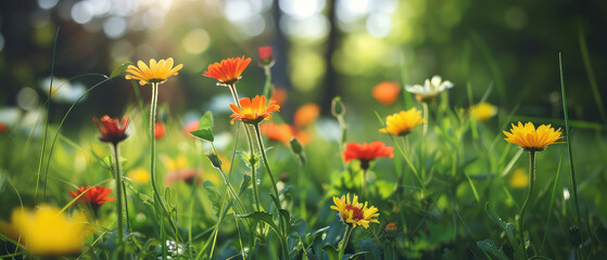 Fototapeta premium Field of orange flowers basking in the sunlight