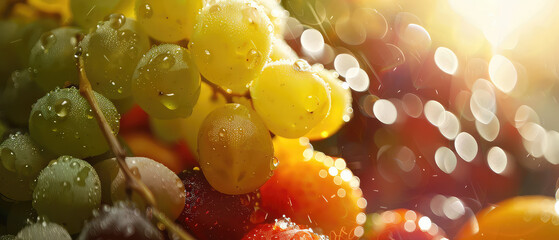 Sun-kissed grapes with sparkling water beads
