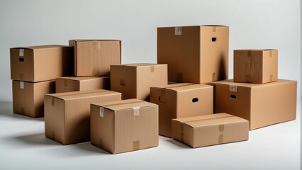 Pile of stacked cardboard boxes on a neutral background