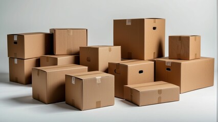 Fototapeta premium Pile of stacked cardboard boxes on a neutral background