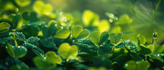 Dew-kissed green clovers glowing in sunlight