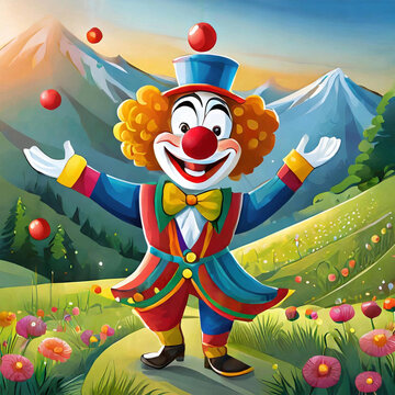 Cartoon funny clown colorful, juggling, illustration.
