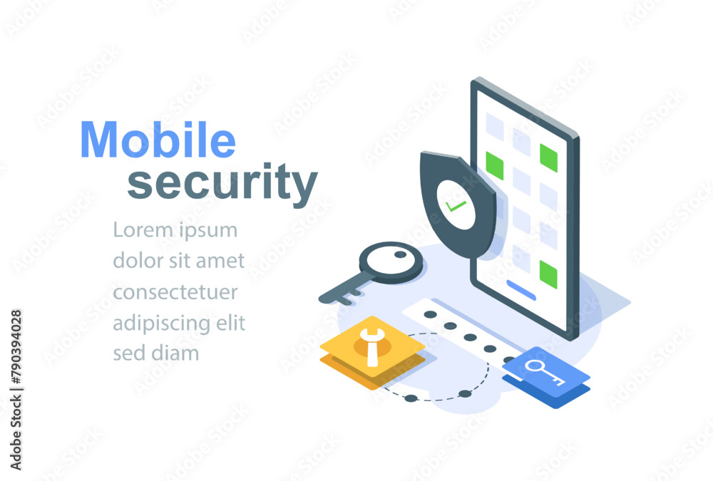 Poster mobile security modern protect smartphone from thefts and hacker attacks banner isometric vector ill