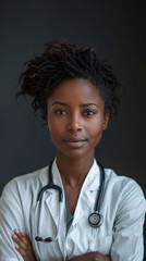 Obraz premium Doctor, African woman and arms crossed in portrait for healthcare, wellness or job in hospital. Medic, staff and person with stethoscope, confidence and service in medical career at clinic in Toronto