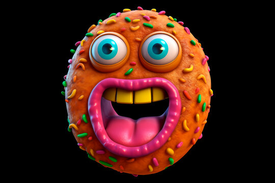 Cute caramel donut with eyes on black background. Delightful doughnut is smiling. Funny character for children's menu, bakery, cafe, coffee shop,  sweet-shop.